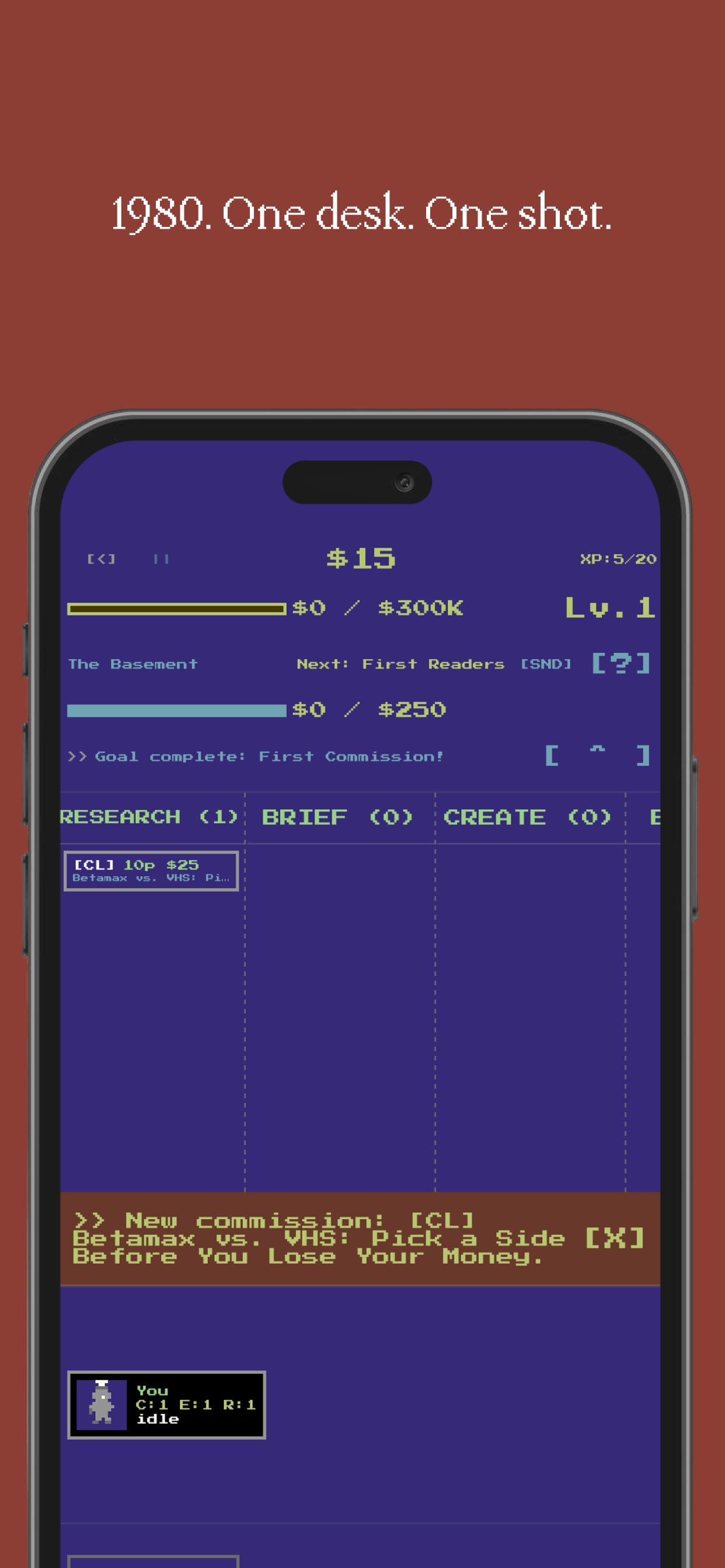 1980. One desk. One shot. — first commission on the Kanban board