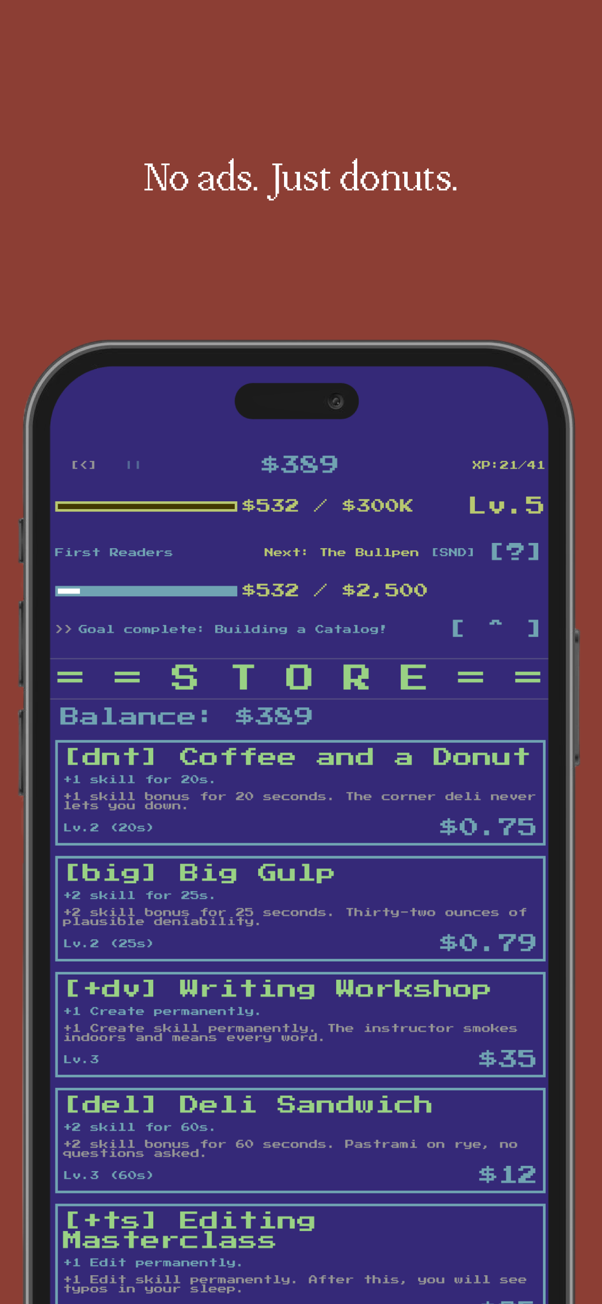 No ads. Just donuts. — store screen with Coffee, Writing Workshop, Deli Sandwich items