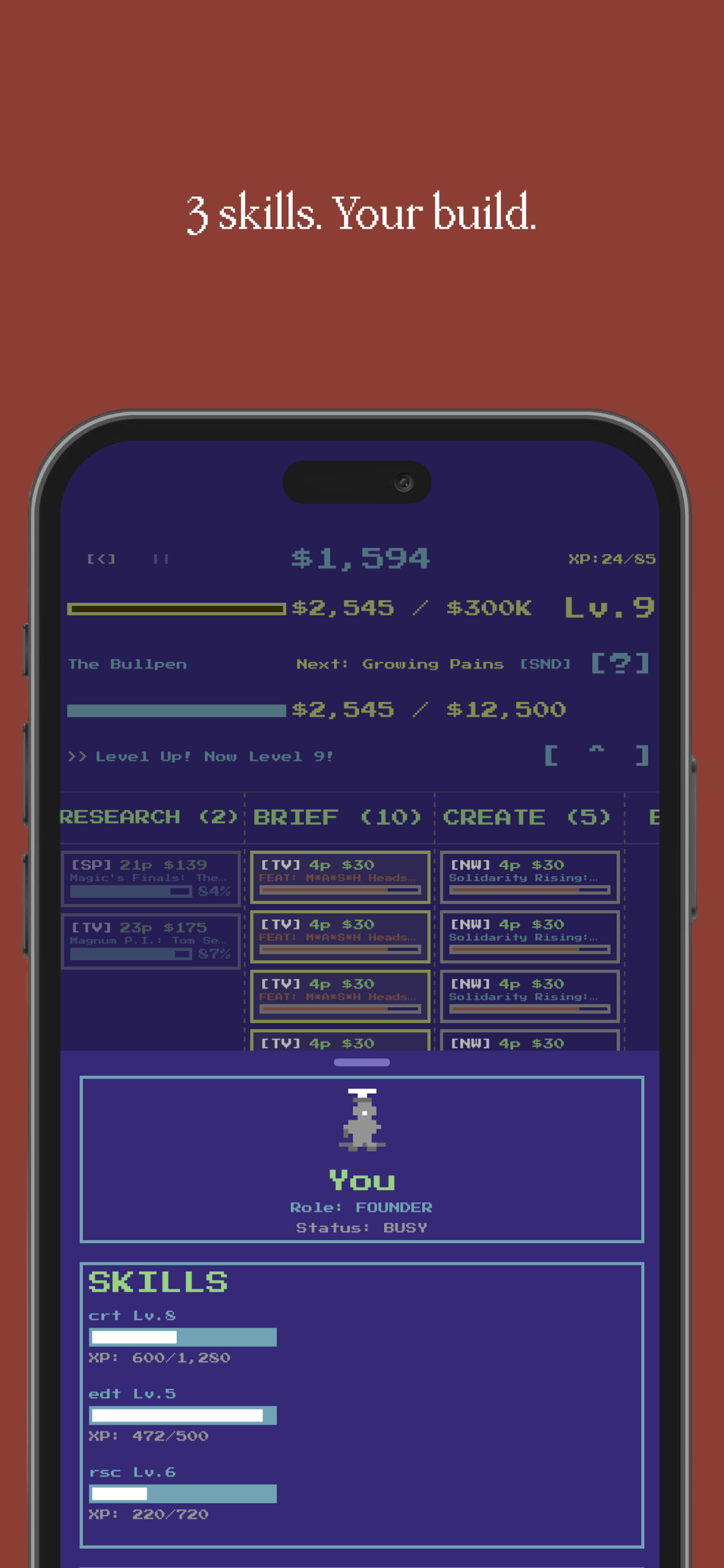 3 skills. Your build. — character skill breakdown for Create, Edit, and Research