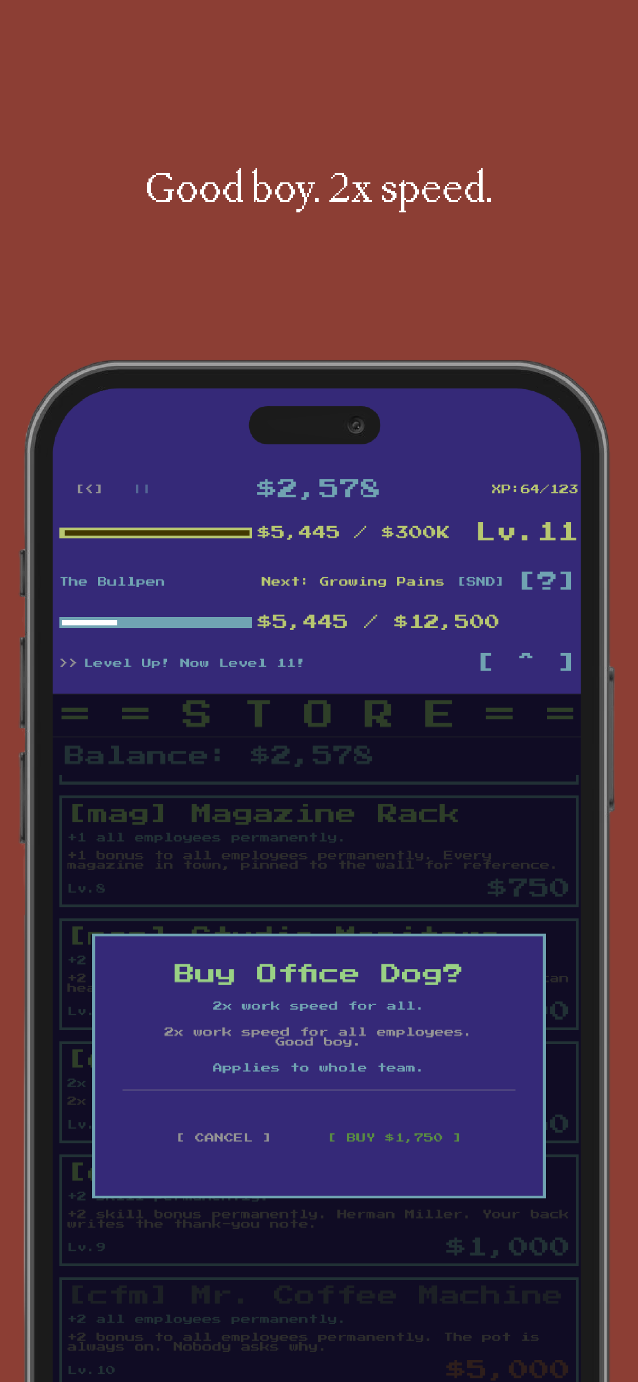 Good boy. 2x speed. — Office Dog purchase prompt that doubles team work speed