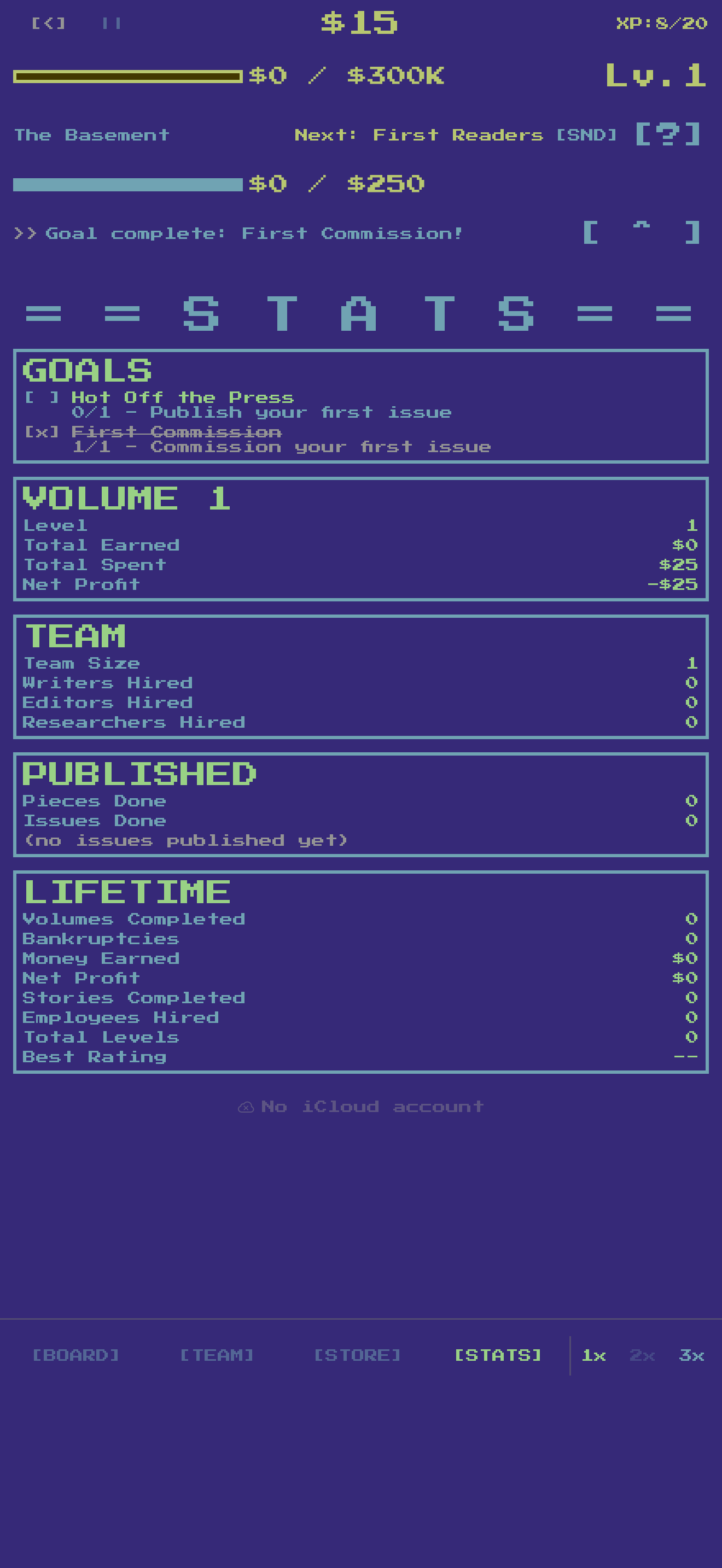 Stats screen showing Goals, Volume, Team, and Lifetime statistics