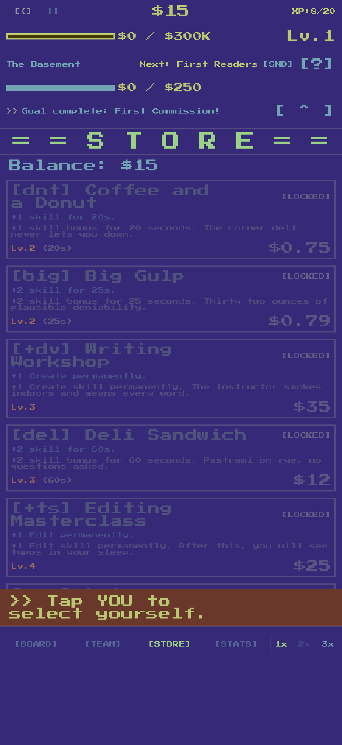 Store screen with items like Coffee and Writing Workshop